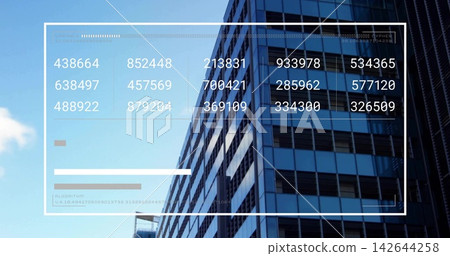 Overlaying translucent HUD on louvered glass-metal high-rise at street-level, showing progress bars Overlaying translucent HUD on louvered glass-metal high-rise at street-level, showing progress bars 142644258