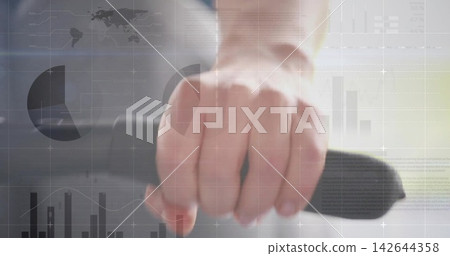 Gripping adult hand holding black textured handlebar in studio, with data overlays and charts Gripping adult hand holding black textured handlebar in studio, with data overlays and charts 142644358