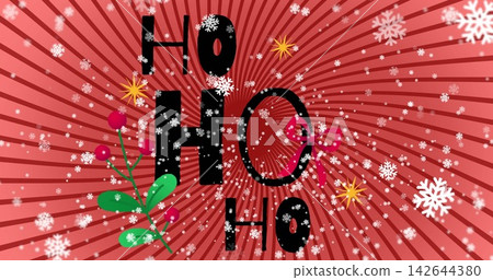Vertical video: Starting bold Ho text on red radial banner, showing falling snow and holly Vertical video: Starting bold Ho text on red radial banner, showing falling snow and holly 142644380