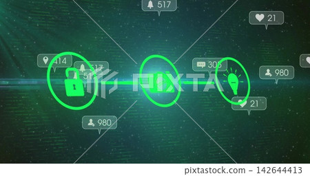 Linking padlock, blocked camera, lightbulb icons via glowing line on green dashboard with counters Linking padlock, blocked camera, lightbulb icons via glowing line on green dashboard with counters 142644413