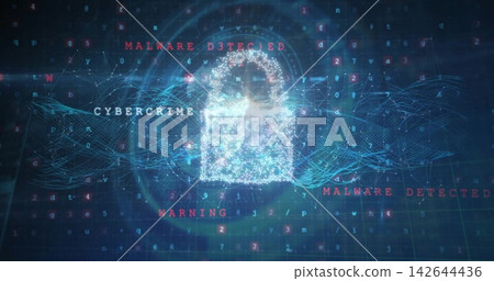 Glowing particle padlock hovering over cyber console, showing CYBERCRIME label and MALWARE warnings Glowing particle padlock hovering over cyber console, showing CYBERCRIME label and MALWARE warnings 142644436