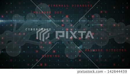 Pulsing network of translucent nodes flashing red alerts on dark grid, floating glyphs, CYBERCRIME Pulsing network of translucent nodes flashing red alerts on dark grid, floating glyphs, CYBERCRIME 142644439