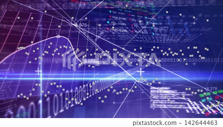 Animating central data dashboard flowing in 3D UI, showing trend lines, binary stream, tickers Animating central data dashboard flowing in 3D UI, showing trend lines, binary stream, tickers 142644463