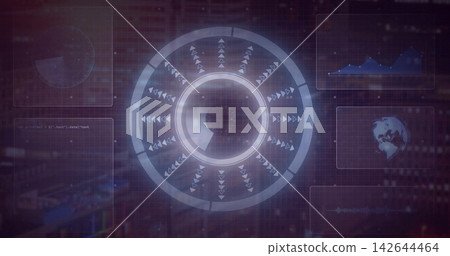 Animating central segmented circular HUD rotating within digital dashboard, with waveform panels 142644464