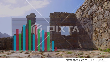 Showing weathered stone wall casting long shadow in sunlit ruin courtyard, with bar chart overlay Showing weathered stone wall casting long shadow in sunlit ruin courtyard, with bar chart overlay 142644499