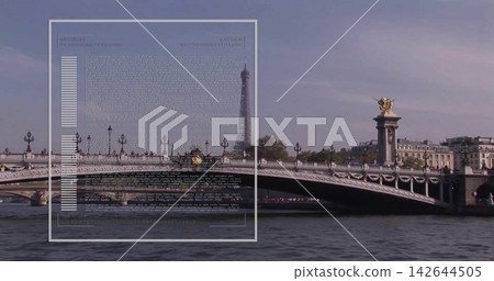 Showing ornate bridge featuring gilded statues lamps over Seine in Paris, Eiffel Tower, HUD overlay Showing ornate bridge featuring gilded statues lamps over Seine in Paris, Eiffel Tower, HUD overlay 142644505