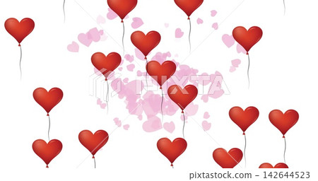 Floating red heart balloons rising on white backdrop with thin strings, sheer pink heart confetti Floating red heart balloons rising on white backdrop with thin strings, sheer pink heart confetti 142644523