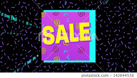 Featuring central panel with cyan frame on black backdrop, showing purple interior and yellow SALE Featuring central panel with cyan frame on black backdrop, showing purple interior and yellow SALE 142644538