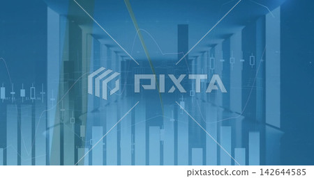 Long corridor merging with candlestick charts and bar graphs, market data driving floor reflections 142644585