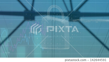 Market data updating, causing wireframe padlock hovering over trusses, gridlines, cyan charts 142644591