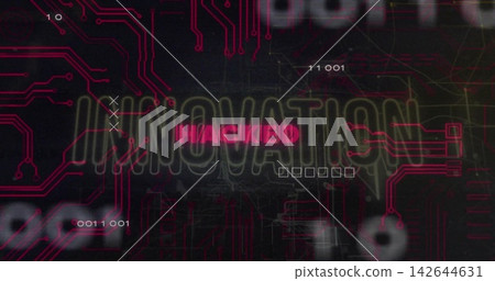 Magenta HACKED text glowing and glitching over INNOVATION on dark cyber screen showing neon traces Magenta HACKED text glowing and glitching over INNOVATION on dark cyber screen showing neon traces 142644631