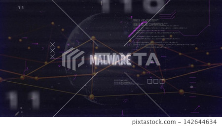 Displaying bold MALWARE label pulsing over cyber globe at threat UI, with gold nodes, orange lines Displaying bold MALWARE label pulsing over cyber globe at threat UI, with gold nodes, orange lines 142644634