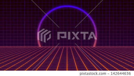 Glowing neon half-ring hovering over orange-yellow grid at horizon, with purple wall reflections Glowing neon half-ring hovering over orange-yellow grid at horizon, with purple wall reflections 142644636