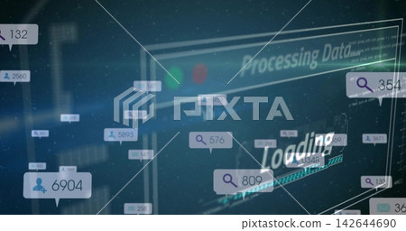 Displaying center UI panel showing Processing Data and loading bar on teal interface with tags Displaying center UI panel showing Processing Data and loading bar on teal interface with tags 142644690