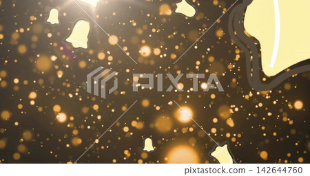 Glowing golden bokeh and pale yellow bell icons drifting in graphic background, lens flare Glowing golden bokeh and pale yellow bell icons drifting in graphic background, lens flare 142644760