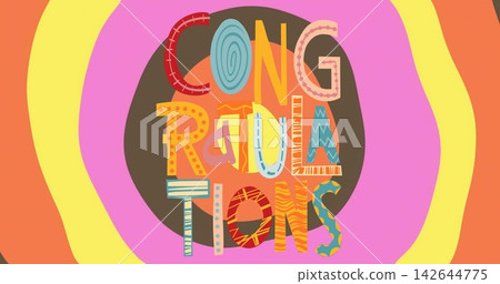 Showing CONGRATULATIONS letters sitting on flat design over dark-brown circle, coral yellow pink Showing CONGRATULATIONS letters sitting on flat design over dark-brown circle, coral yellow pink 142644775