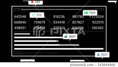 Displaying white-framed dashboard showing six-digit columns, progress bars, metric badges on black Displaying white-framed dashboard showing six-digit columns, progress bars, metric badges on black 142644860