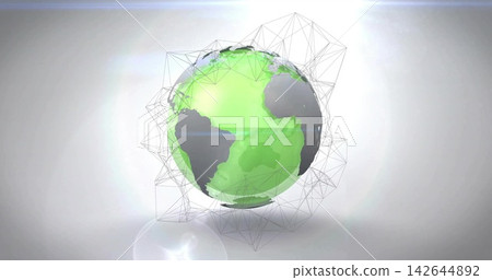 Hovering stylized globe displaying green continents in studio, with wireframe and lens flare 142644892