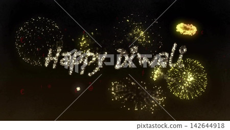 Forming Happy Diwali phrase in night sky, featuring radial bursts, sparklers, smoke plumes Forming Happy Diwali phrase in night sky, featuring radial bursts, sparklers, smoke plumes 142644918