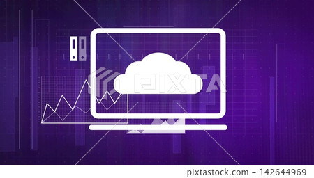 Displaying centered white laptop outline showing cloud icon on purple UI with server and charts 142644969