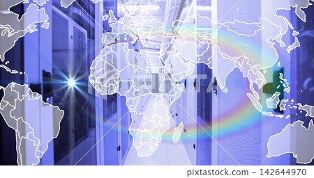 Showing central server aisle glowing under blue purple lights in data center, with world map Showing central server aisle glowing under blue purple lights in data center, with world map 142644970