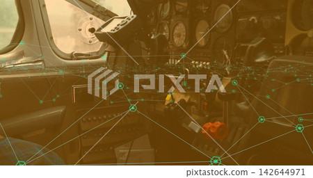 Showing cockpit panel, yoke occupying center in plane, with red knob throttle and green AR overlay Showing cockpit panel, yoke occupying center in plane, with red knob throttle and green AR overlay 142644971
