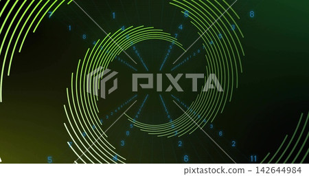 Spiraling neon green arcs converging toward dark central void in virtual space, with blue numerals Spiraling neon green arcs converging toward dark central void in virtual space, with blue numerals 142644984
