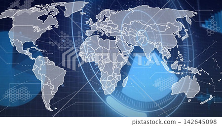 Displaying stylized world map with HUD rings on tech dashboard, hexagons, glowing nodes, data lines Displaying stylized world map with HUD rings on tech dashboard, hexagons, glowing nodes, data lines 142645098