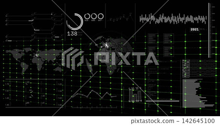 Showing central 3D globe centered on black HUD overlaying neon grid, left map widgets, right charts Showing central 3D globe centered on black HUD overlaying neon grid, left map widgets, right charts 142645100