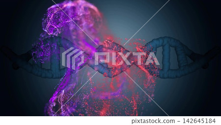 Transforming 3D DNA helix dissolving into magenta particle human form in virtual space, with sparks 142645184