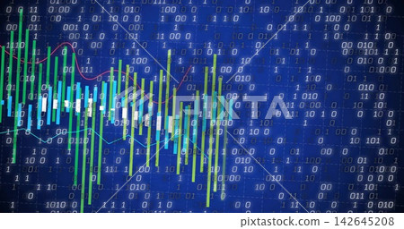Displaying green and cyan candlesticks tracing red and white trend lines on blue binary backdrop Displaying green and cyan candlesticks tracing red and white trend lines on blue binary backdrop 142645208
