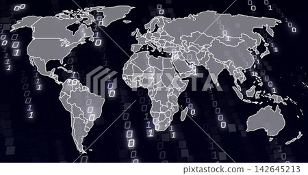 Floating gray world map with white borders over tiled grid, streaming binary digits and glow Floating gray world map with white borders over tiled grid, streaming binary digits and glow 142645213