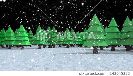Showing stylized evergreen trees standing on snow-covered ground at night, with falling snowflakes Showing stylized evergreen trees standing on snow-covered ground at night, with falling snowflakes 142645233