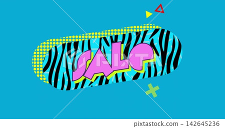 Showing zebra-striped capsule displaying bold pink SALE text on cyan, with halftone dot border Showing zebra-striped capsule displaying bold pink SALE text on cyan, with halftone dot border 142645236