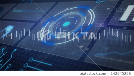 Displaying concentric HUD spinning over dark grid plane, with waveform, data panels, circuit traces Displaying concentric HUD spinning over dark grid plane, with waveform, data panels, circuit traces 142645296