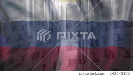 Projecting tricolor flag and binary code over server racks at datacenter, revealing LED lights Projecting tricolor flag and binary code over server racks at datacenter, revealing LED lights 142645303
