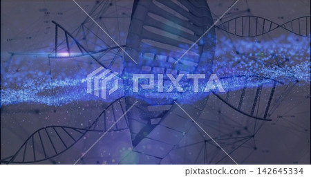 Displaying stylized double helix centering in biotech graphic, with blue stream, schematics, flares 142645334