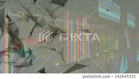 Projecting data visualization and triangular mesh on virtual dashboard, with multicolored bars Projecting data visualization and triangular mesh on virtual dashboard, with multicolored bars 142645335