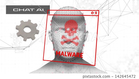 Displaying gray 3D head bust centered in digital interface, showing red skull icon MALWARE UI Displaying gray 3D head bust centered in digital interface, showing red skull icon MALWARE UI 142645472