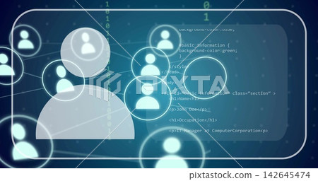 Displaying large glowing user avatar in network interface, with nodes, lines, code panel Displaying large glowing user avatar in network interface, with nodes, lines, code panel 142645474