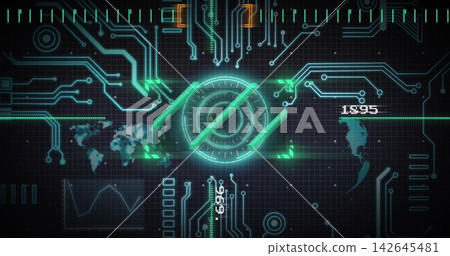 Displaying central circular HUD rotating and scanning on dark grid dashboard, with circuit traces Displaying central circular HUD rotating and scanning on dark grid dashboard, with circuit traces 142645481