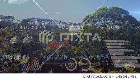Data feed updating glass HUD and overlaying numbers, bar charts, donut charts for forest monitoring Data feed updating glass HUD and overlaying numbers, bar charts, donut charts for forest monitoring 142645482