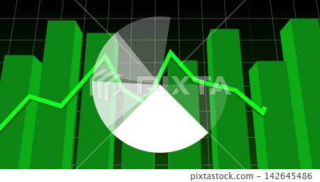Live data feed updating finance dashboard, green bars rising, line tracing pie wedge for insight Live data feed updating finance dashboard, green bars rising, line tracing pie wedge for insight 142645486