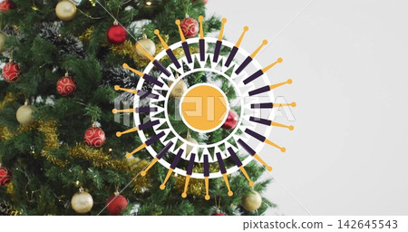 Showing fir tree filling left of room with red-gold baubles, tinsel, lights, hooks, orange graphic Showing fir tree filling left of room with red-gold baubles, tinsel, lights, hooks, orange graphic 142645543