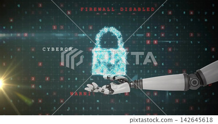 Displaying glowing cyan padlock pulsing at virtual grid center, with robotic arm and red warning 142645618