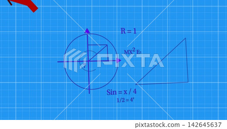 Displaying unit circle with axes, concentric inner circle and inscribed triangle on blue grid paper Displaying unit circle with axes, concentric inner circle and inscribed triangle on blue grid paper 142645637