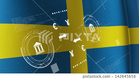 Displaying central fintech motif overlaying Swedish flag fabric, showing bank icons, arrows, € ¥ £ Displaying central fintech motif overlaying Swedish flag fabric, showing bank icons, arrows, € ¥ £ 142645658
