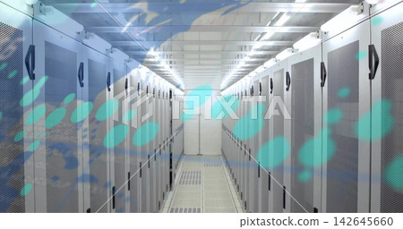 Displaying two parallel rows of gray server cabinets running down data center aisle, teal overlay Displaying two parallel rows of gray server cabinets running down data center aisle, teal overlay 142645660