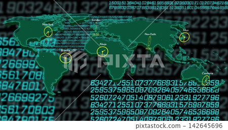 Displaying stylized green world map over teal numeric code backdrop, showing analog clock icons Displaying stylized green world map over teal numeric code backdrop, showing analog clock icons 142645696