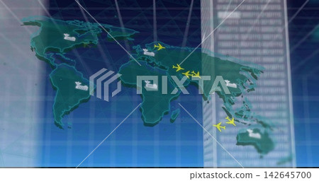 Vertical video: Updating map on blue grid tracking cargo with yellow planes, factories, data panel Vertical video: Updating map on blue grid tracking cargo with yellow planes, factories, data panel 142645700